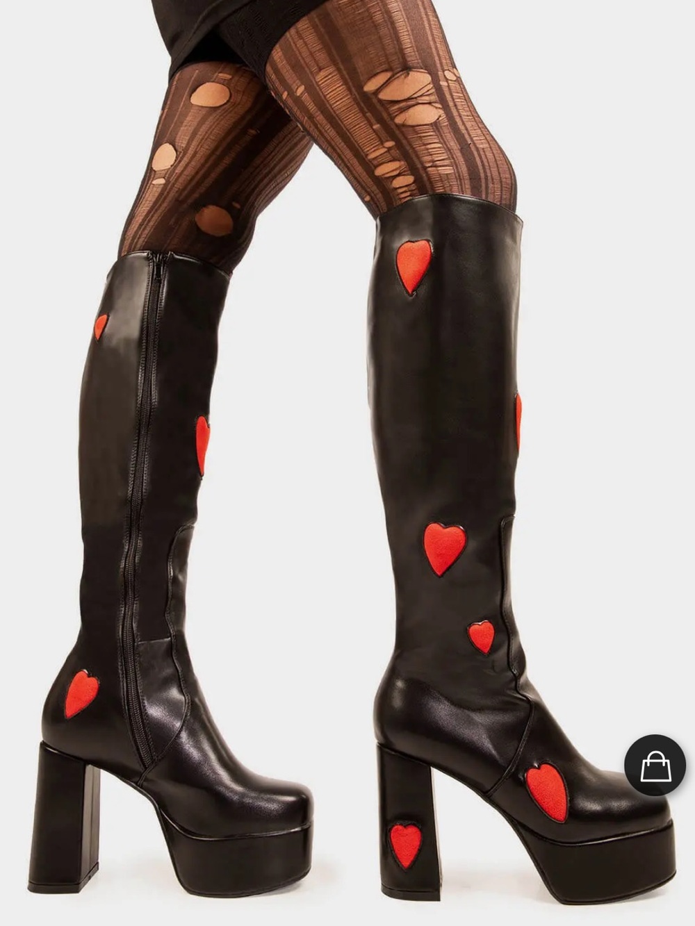 NEW Lamoda Hearts Black Faux Leather Heart Chunky Platform Knee High Boots Heels